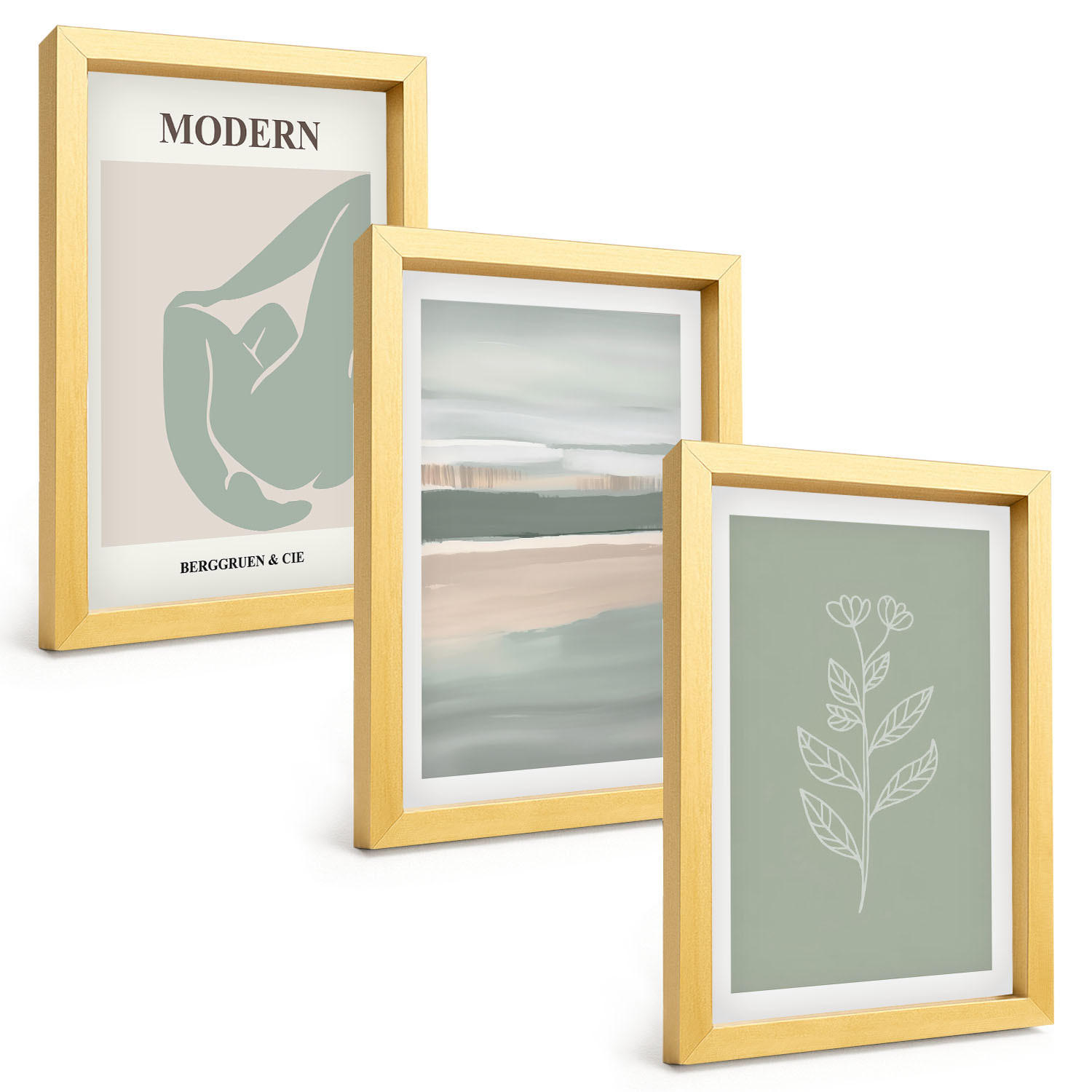 BILDER SET 3er Set - 20x30 cm Goldrahmen - Abstrakte pastellfarbene Pflanzenformen - Goldfarben, Kunststoff (20/30cm) - TULUP