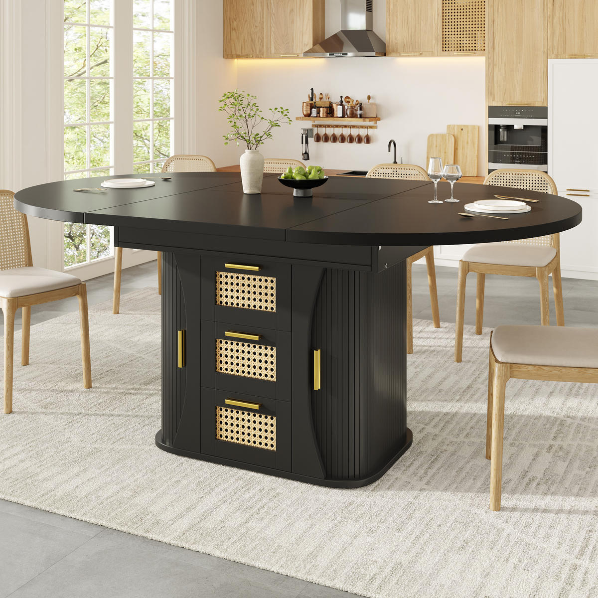 ESSTISCH Ausziehbar 118-158Cm Stauraum Rattan Schwarz - Schwarz, Holzwerkstoff (118/118/77.1cm) - FLIEKS