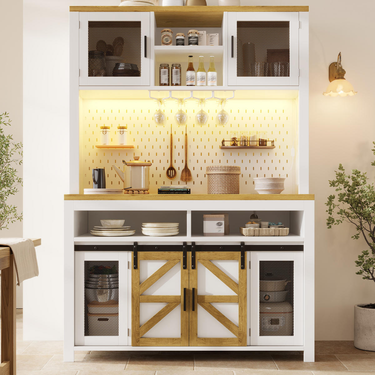 HIGHBOARD in Weiß Mehrzweckschrank mit USB-Anschluss und LED B120/T40/H174.5cm, für Küche Esszimmer - Weiß, Holzwerkstoff (120/174.5/40cm) - STILVORA