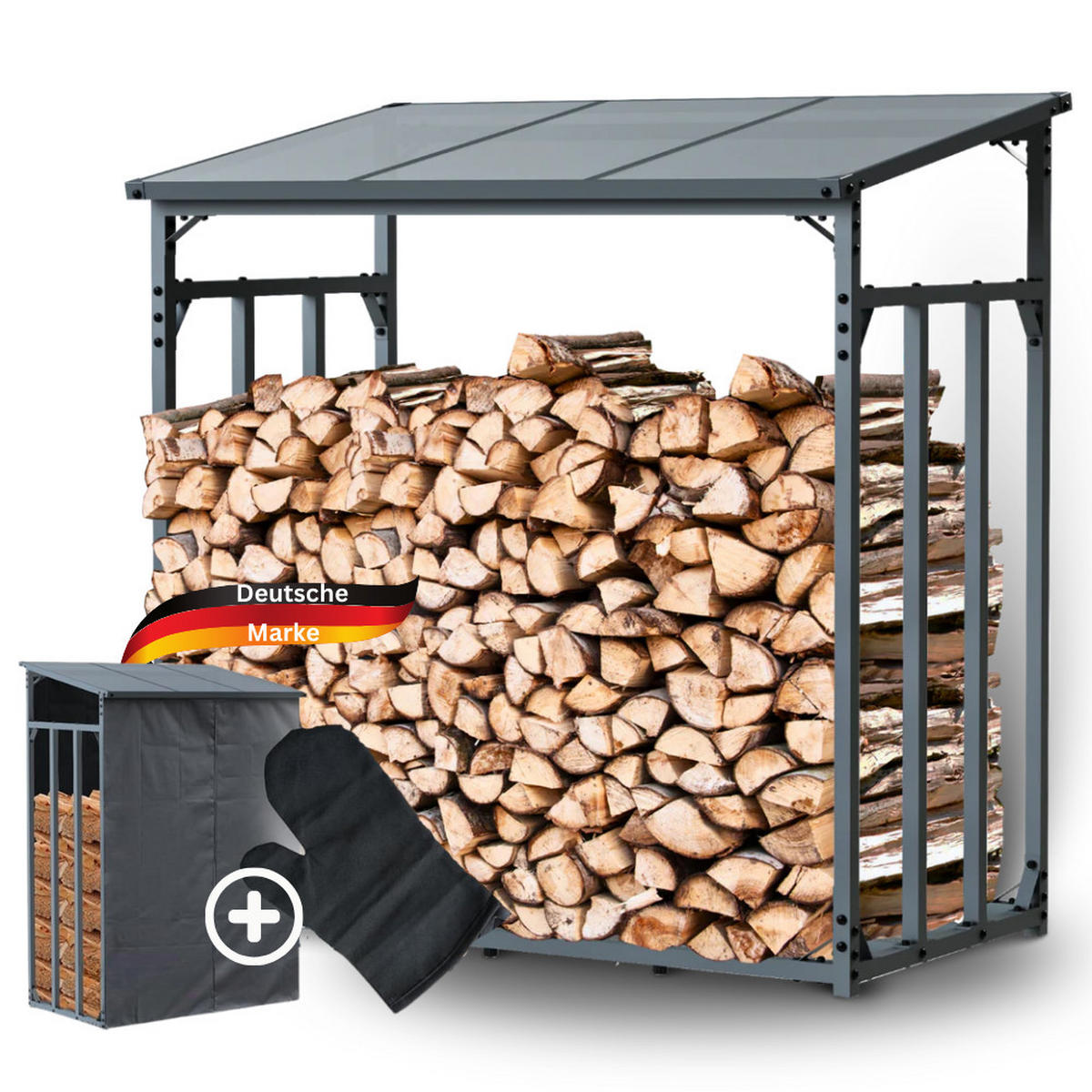 KAMINHOLZREGAL Außen mit Dach ELOS 140x70x145 cm inkl. Ofenhandschuh - Anthrazit, Metall (140/145/70cm) - DELUKE