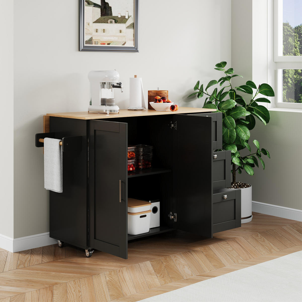 KÜCHENINSEL 135/44-70/90 cm aus MDF mit klappbarer Arbeitsplatte Schwarz/Natur - Schwarz, Holzwerkstoff (135/90/44cm) - Modenvie