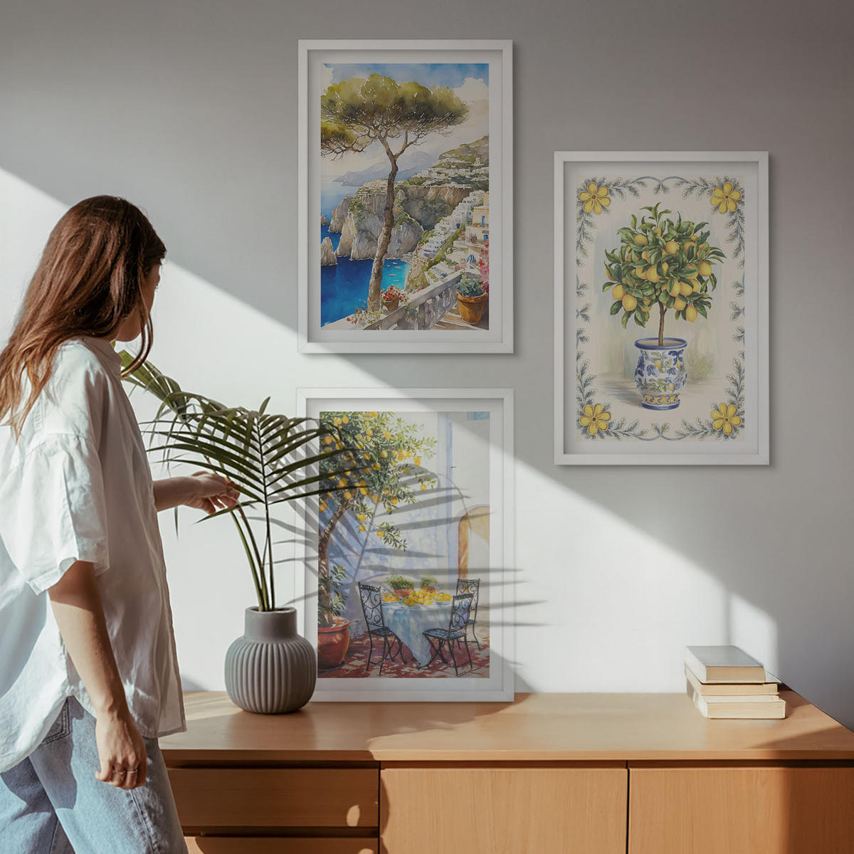 WANDBILDER 3er-Set - 40x60 cm Weißer Rahmen - Blick auf das Meer aus Zitronenbäumen - Weiß, Kunststoff (40/60cm) - ArtPrintCave