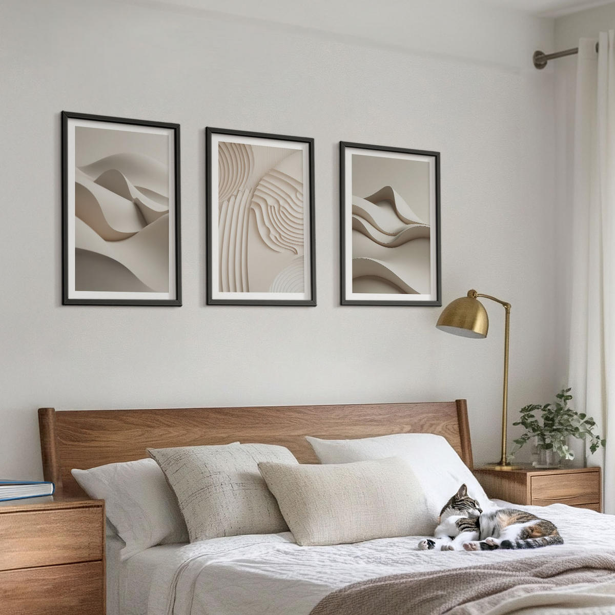 BILDER SET 3er Set - 40x60 cm Schwarzer Rahmen - Abstrakte beige Wellen - Schwarz, Kunststoff (40/60cm) - TULUP