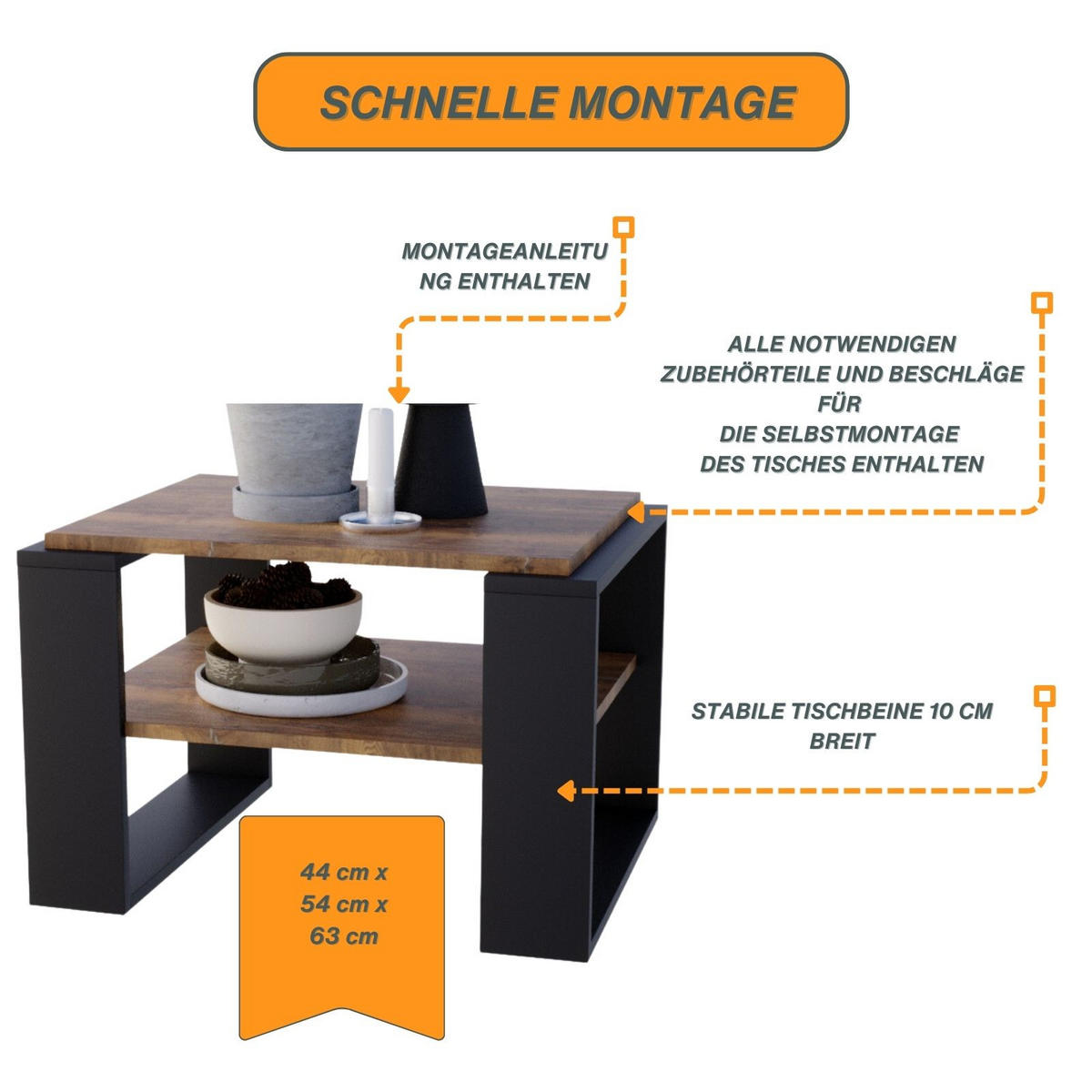 COUCHTISCH Holzwerkstoff rechteckig stabil Nussbaumfarben 44/54/63cm - Nussbaumfarben/Schwarz, Holzwerkstoff (54/63/44cm) - CraftPAK