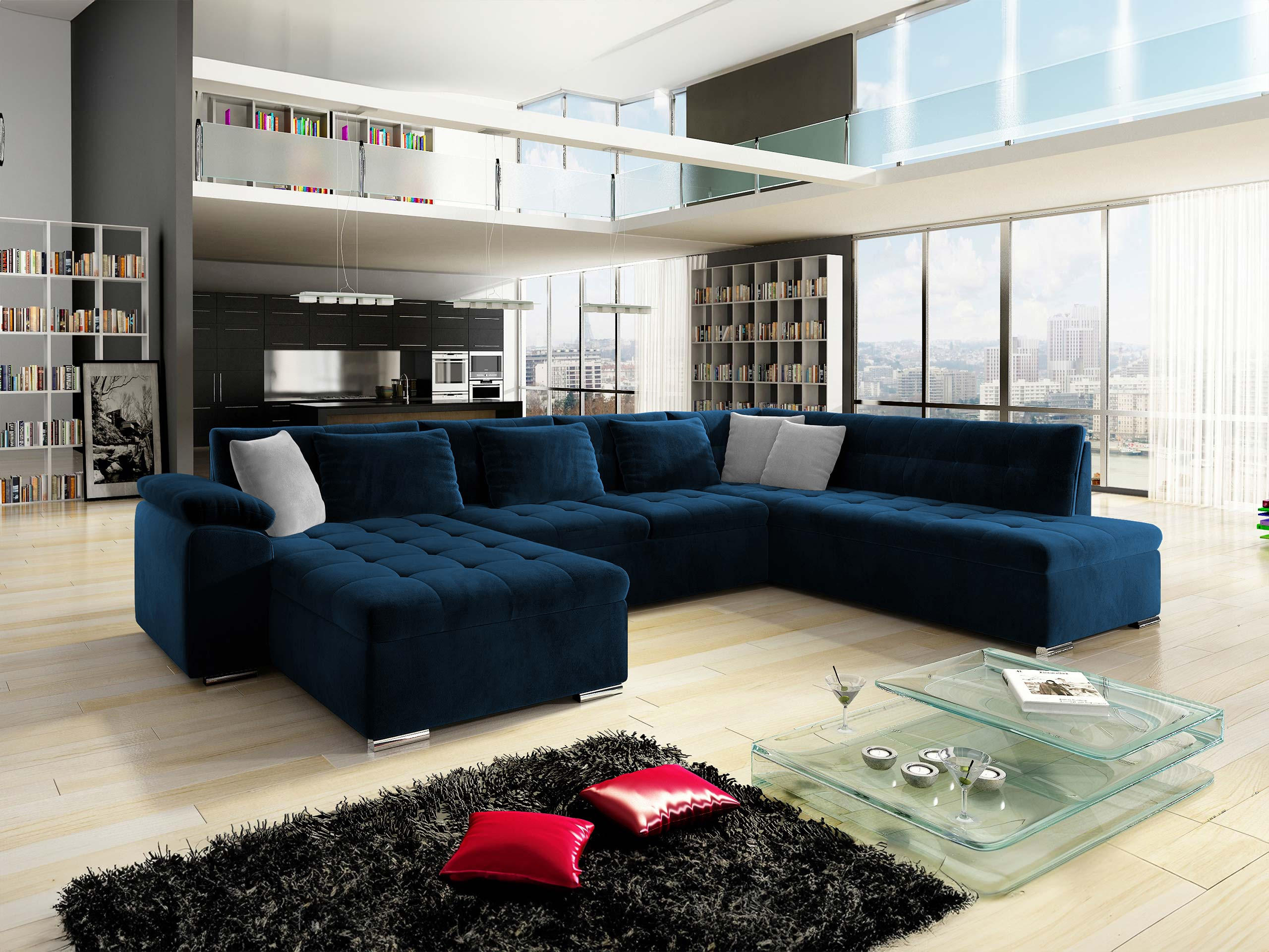 WOHNLANDSCHAFT Niko Bis, Seite: Links - Dunkelblau, Holz/Textil (348/76/205cm) - MIRJAN24