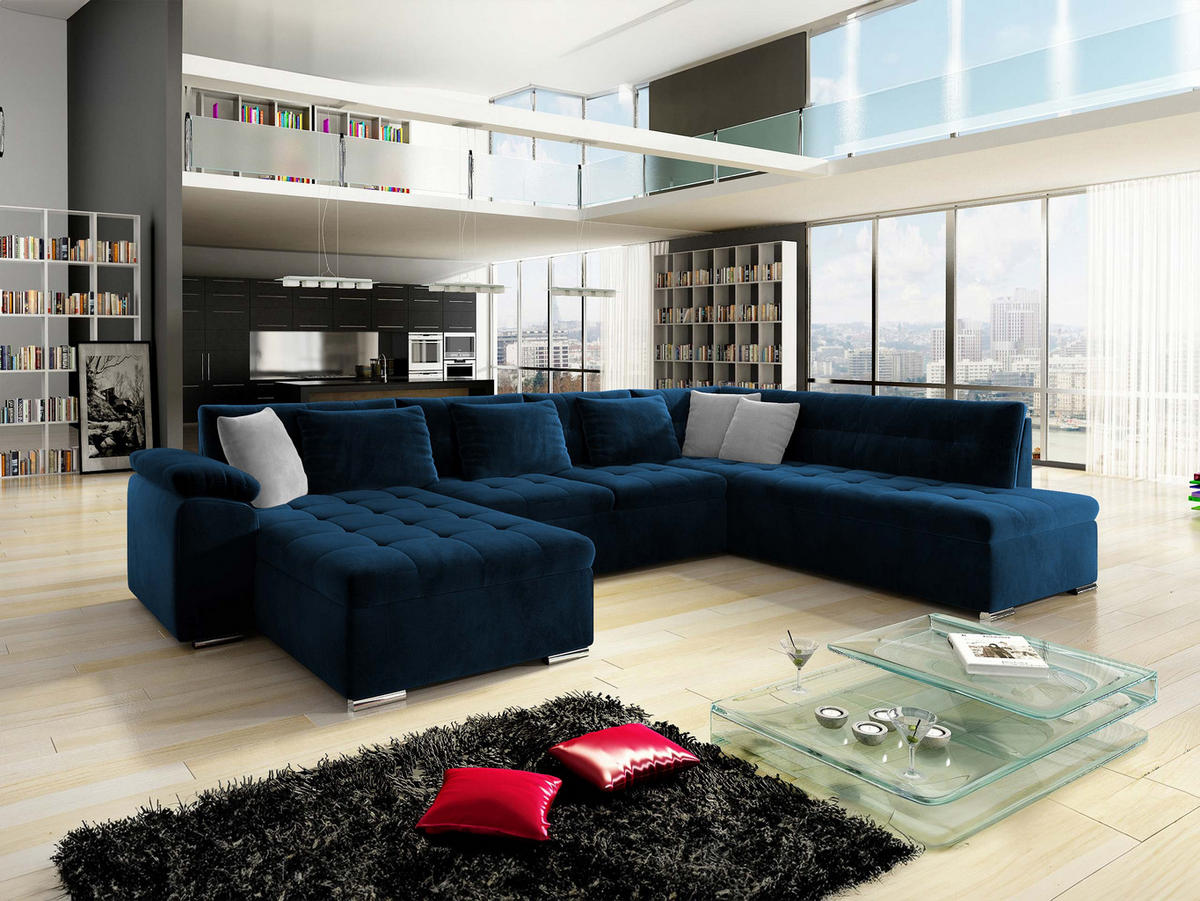 WOHNLANDSCHAFT Niko Bis, Seite: Links - Dunkelblau, Holz/Textil (348/76/205cm) - MIRJAN24