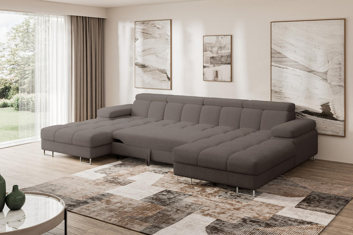 WOHNLANDSCHAFT mit Schlaffunktion und Bettkasten COMA U2 345x203x79 Braun Bouclé - Dunkelbraun, Holzwerkstoff/Textil (345/79/203cm) - ALTDECOR