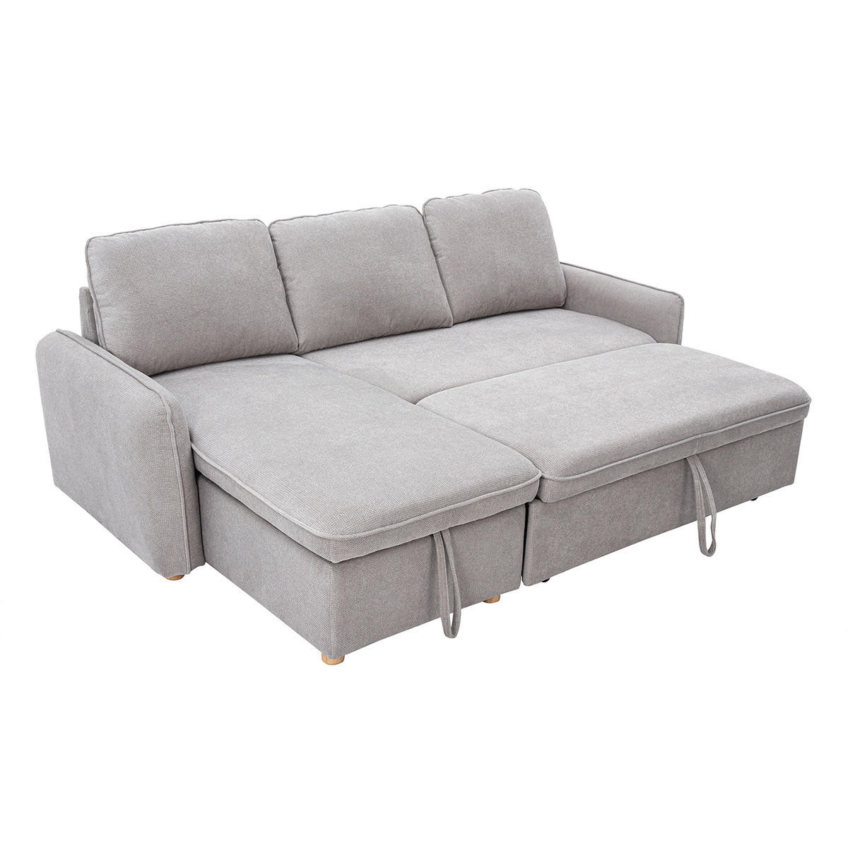 ECKSOFA mit Schlaffunktion und umkehrbarer Abstellfläche 3-Sitzer in grauem Samt-Effekt Stoff und hellem Holz ORSO - Grau, Textil (139.5/83/212cm) - Miliboo