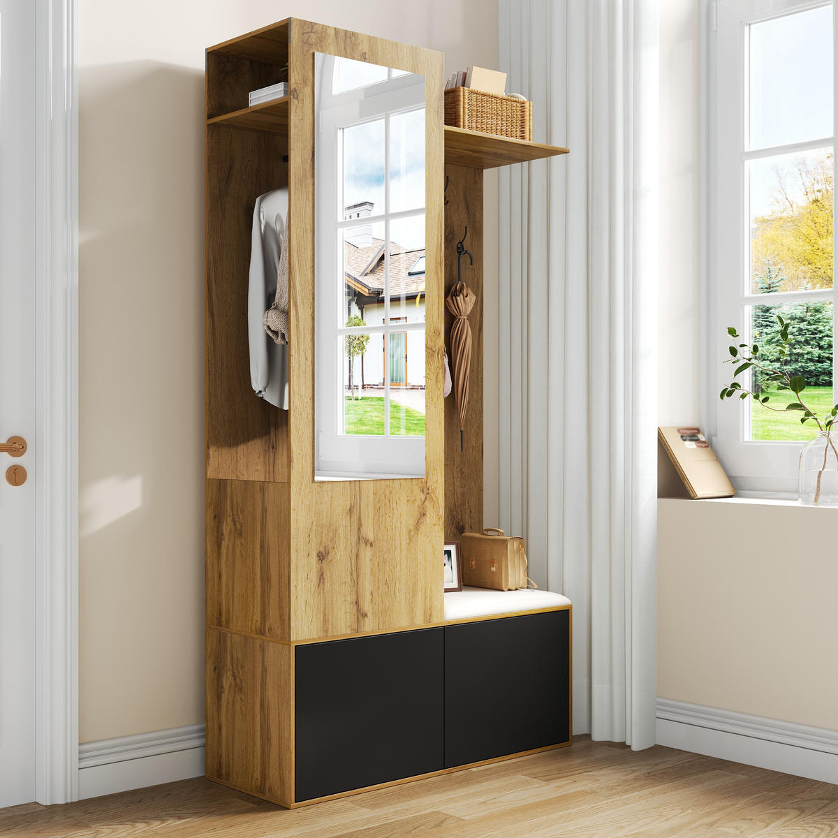 GARDEROBENSET Spiegel Haken Schuhbank - Naturfarben, Holz (100/191/38cm) - LEBENLANG