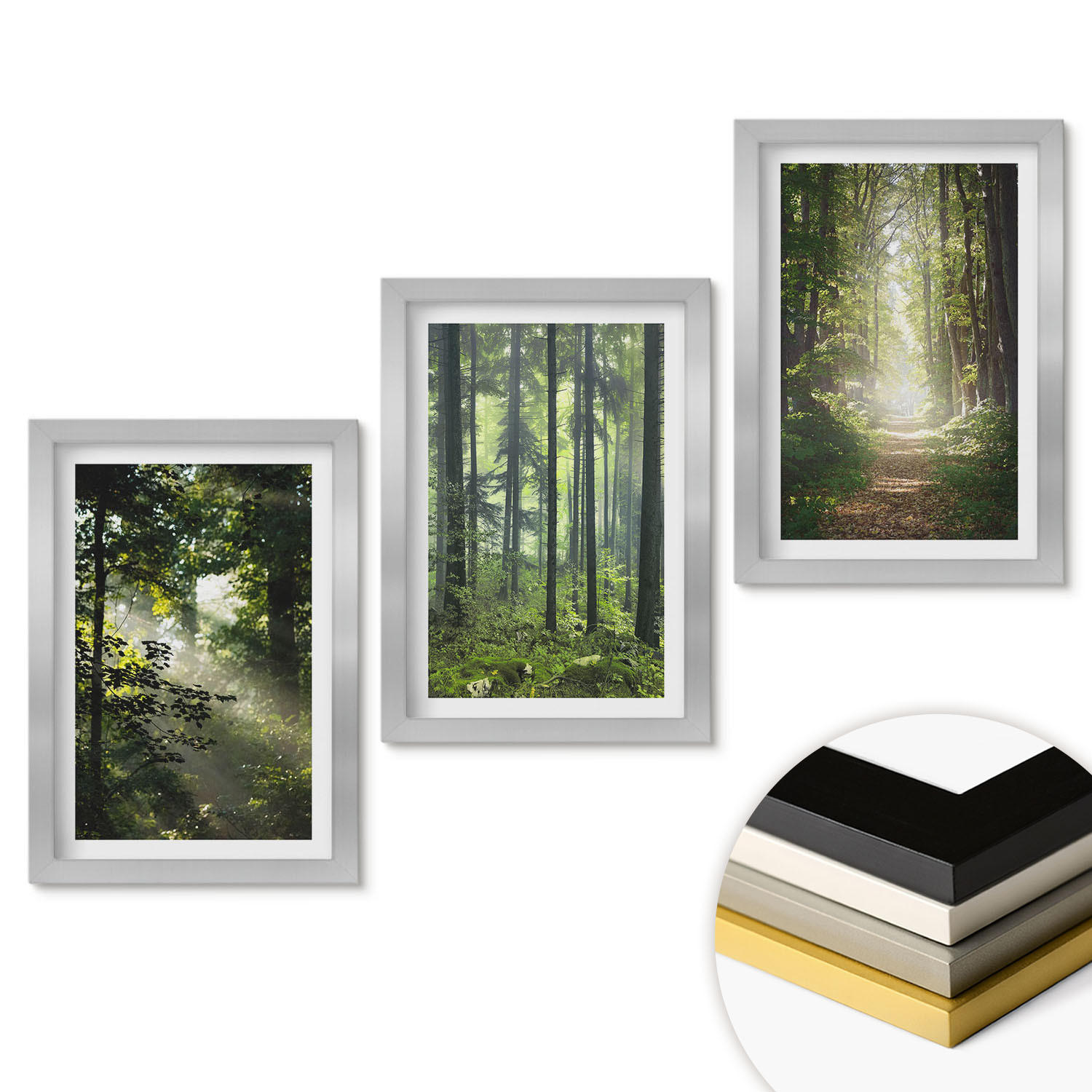 WANDBILDER 3er Set - 20x30 cm Silberner Rahmen - Grüne Wälder mit Lichtstrahlen - Silberfarben, Kunststoff (20/30cm) - ArtPrintCave