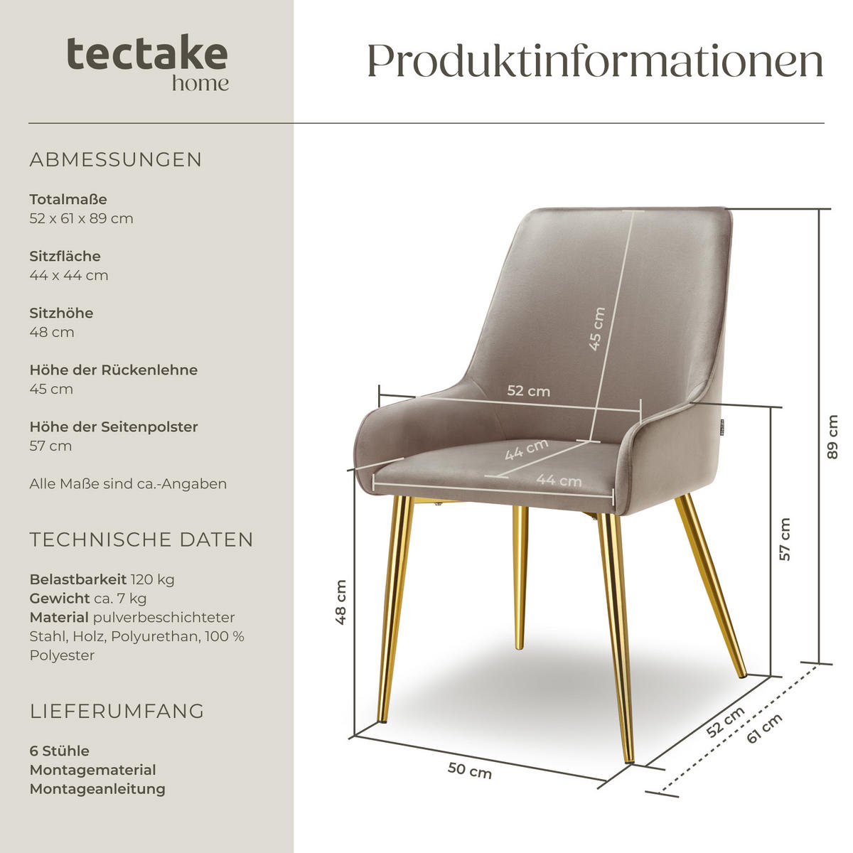 POLSTERSTUHL 6er Set Avane 52 x 61 x 89 cm taupe - Taupe, Textil (52/89/61cm) - tectake