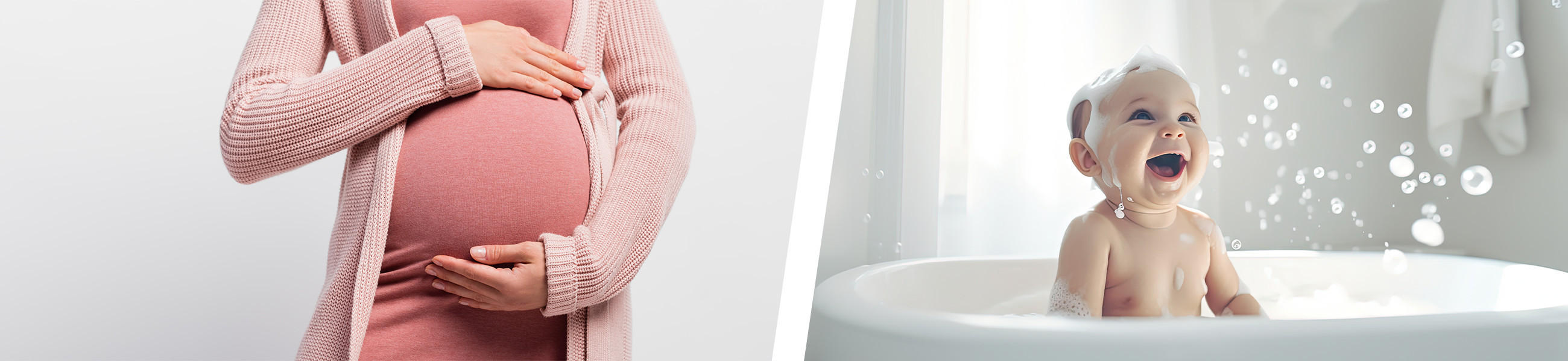Geteiltes Bild: links eine schwangere Frau, die liebevoll ihren Babybauch hält, rechts ein fröhlich lachendes Baby in der Badewanne mit Seifenblasen.