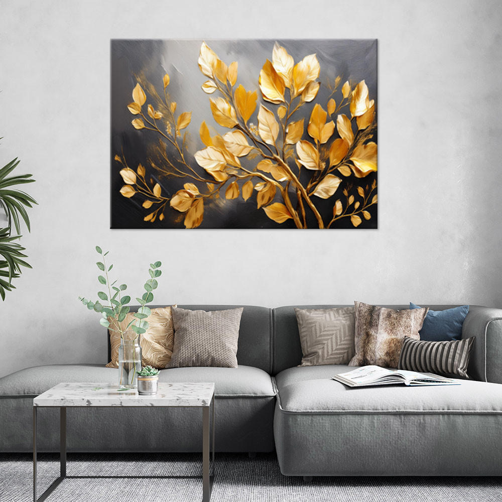LEINWANDBILD Goldene Blätter auf grauem Hintergrund 60x40cm - Goldfarben, Textil (60/40cm) - Feeby