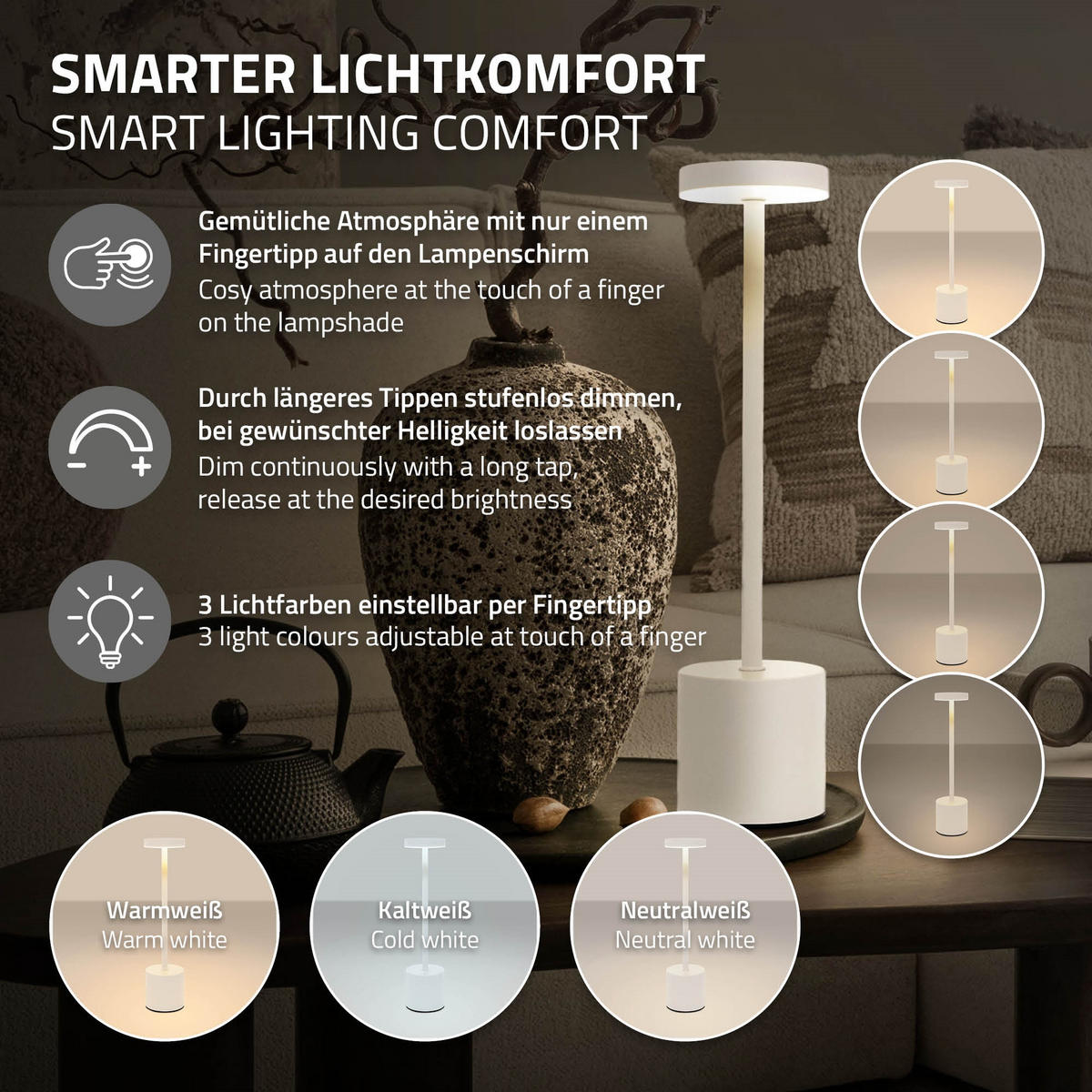 LED TISCHLAMPE kabellos Touch Weiß Ø8x34,5cm 3 Lichtfarben Dimmbar - Weiß, Kunststoff (8/8/34.5cm) - ML-DESIGN