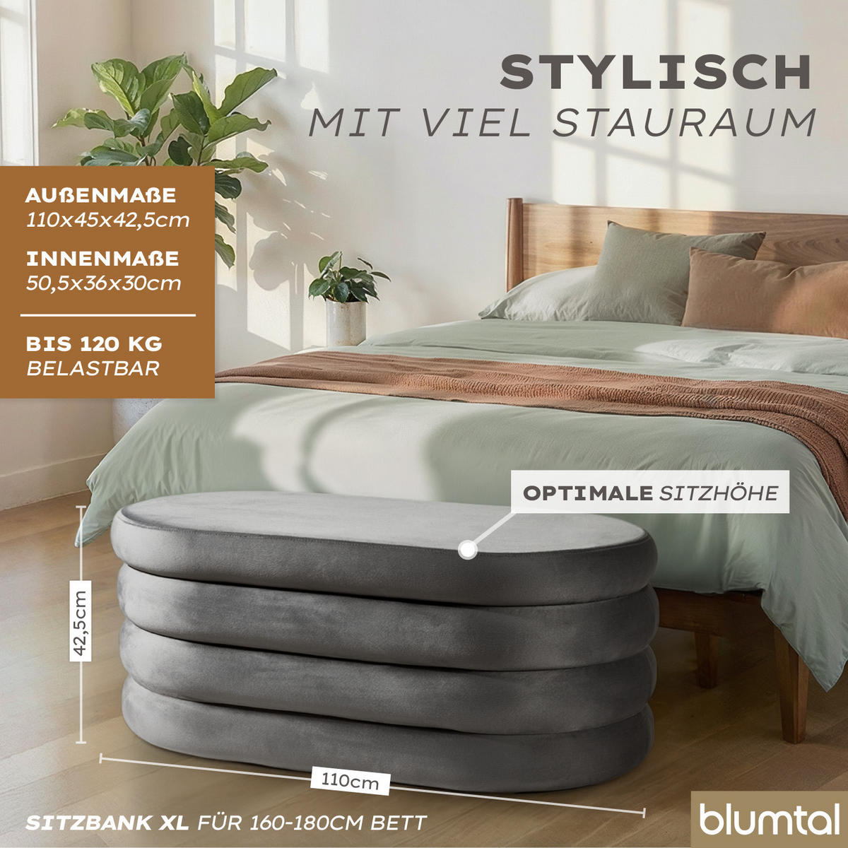 XL Sitzbank mit Stauraum Oval – Samt Truhenbank Grau - Grau, Textil (45/42.5/110cm) - Blumtal