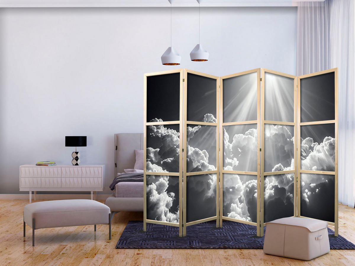 PARAVENT Japanischer 5-tlg 225x172 cm Wolken Himmel - Schwarz, Holz/Textil (225/172/3cm) - Muralo