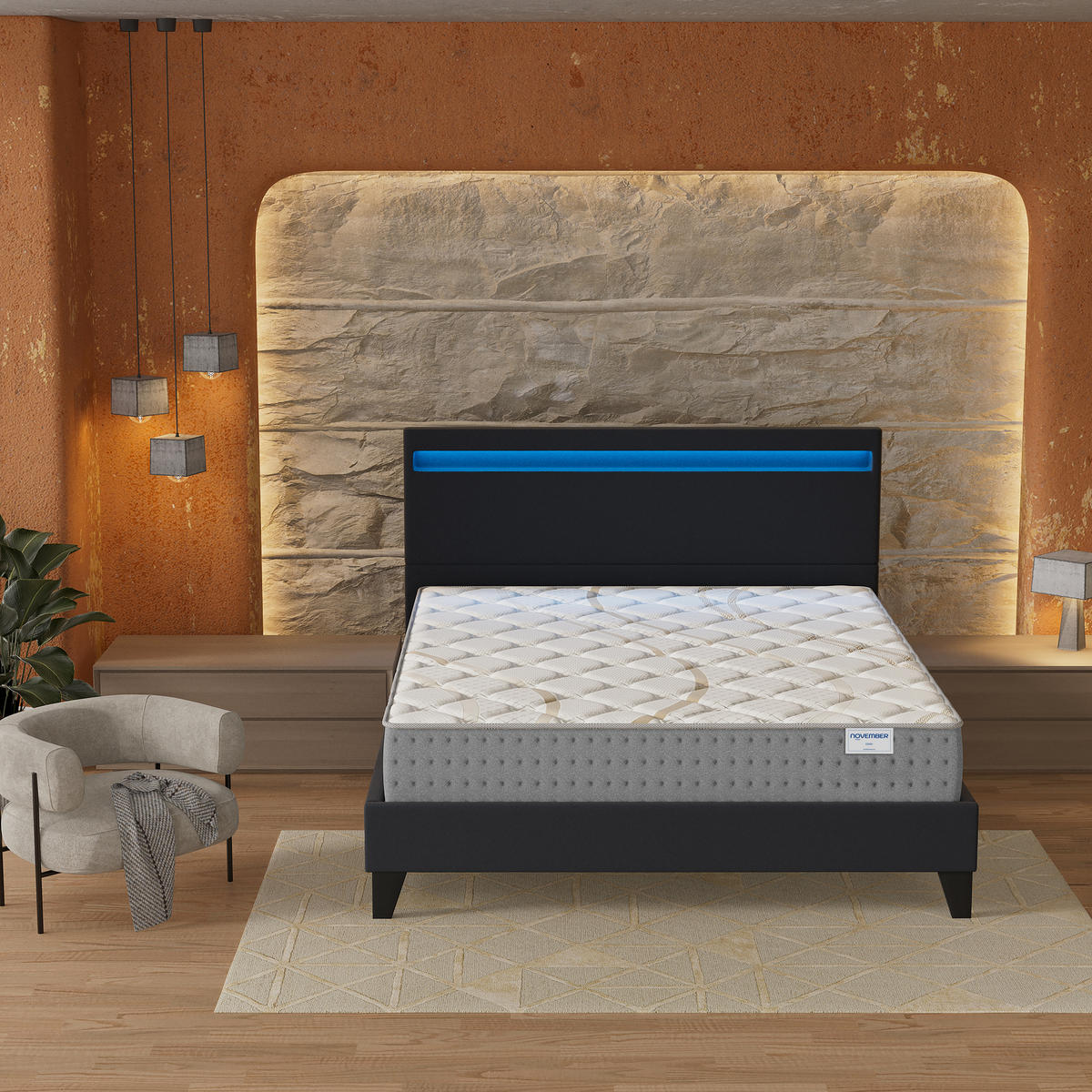 POLSTERBETT und MATRATZE - 160 x 200 cm - Taschenfederkern - 25cm dick - Schwarz, Naturmaterialien/Holz (160/200cm) - November Sleep