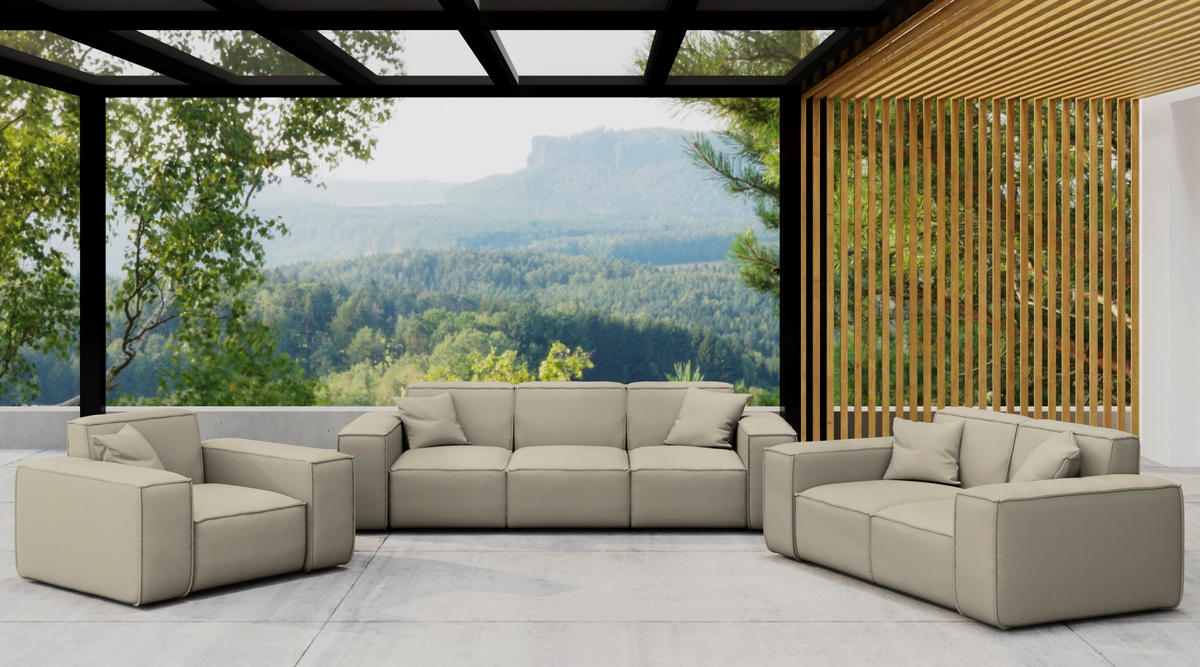 LOUNGEGARNITUR 3 2 1 Gartenmöbel, MALIBU Stoff Odyssey Dunkelbeige - Sandfarben, Holz - Kaiser Möbel