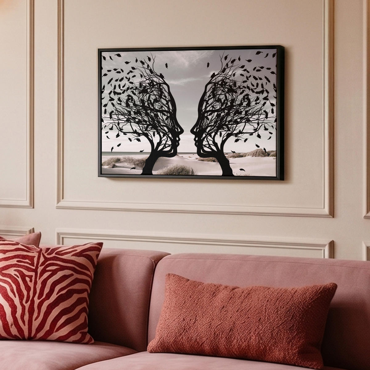 LEINWAND Bilder mit Rahmen - Strand - Meer - Menschen - Baum - Moderne Kunst - 60x40 - Hellgrau, Textil (60/40cm) - MuchoWow
