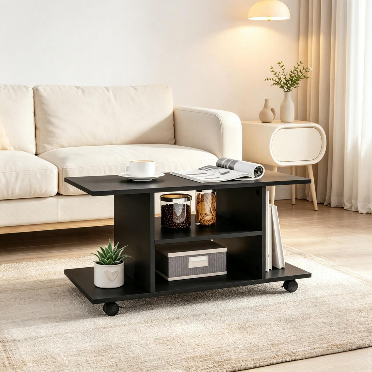 COUCHTISCH DE-40513 Auf Rollen mit zweistufigen offenen Regalen Schwarz - Schwarz, Holzwerkstoff (40/80/40cm) - ComfortXL