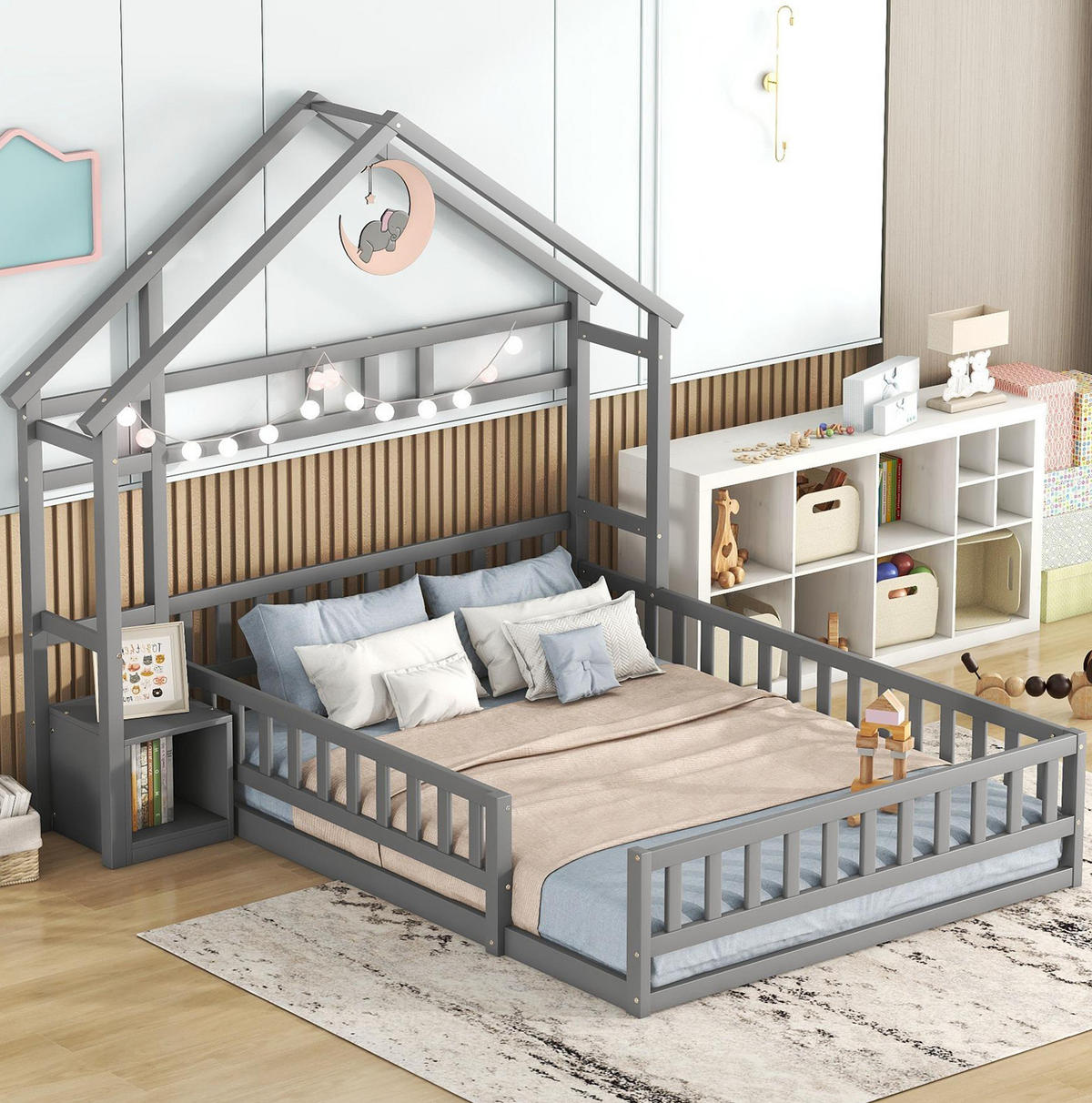 HAUSBETT 140/200 cm Grau mit Nachttisch und Geländer - Grau, Holz (140/200cm) - MIVRAY