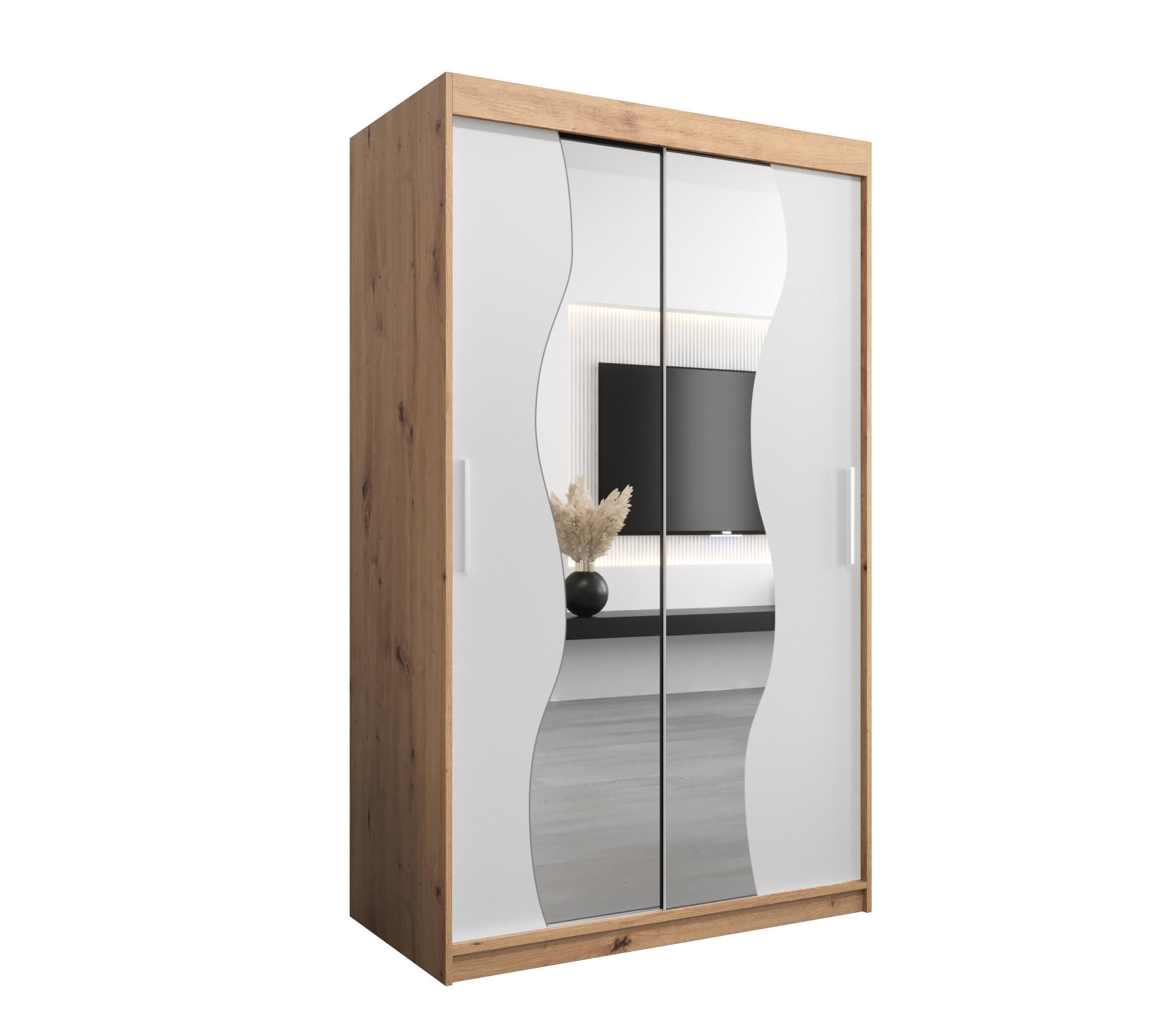 Möbel Kryspol Schwebetürenschrank Eiche Artisan, Weiß 120x200x62 cm