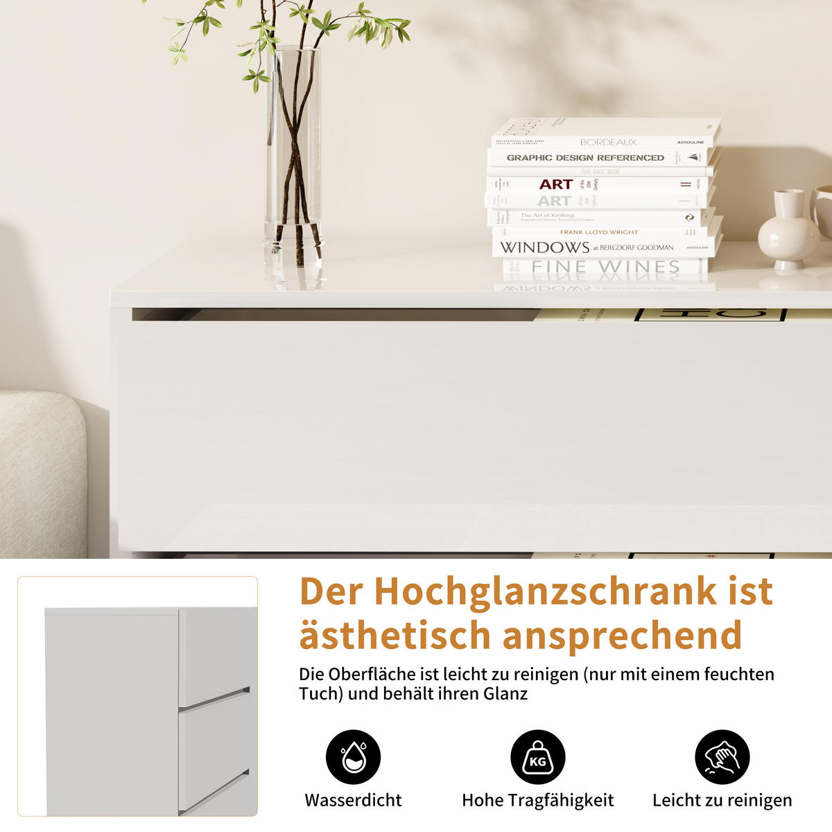 SIDEBOARD WEISS Hochglanz mit LED-Beleuchtung, 3 Schubladen & 2 Türen - Weiß, Holzwerkstoff (35/76/160cm) - SHOPENTRA