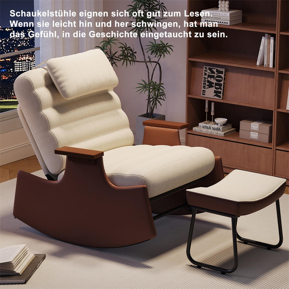 SCHAUKELSTUHL mit Hocker und Kopfkissen - mit 3-stufig verstellbare Rückenlehne und Cord-Bezug - Beige-Braun - Beige, Textil (61.5/81/51.5cm) - DELFA