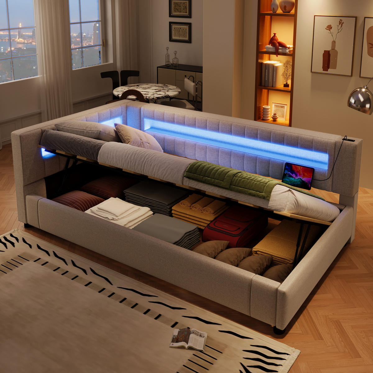 DAYBETT 90x200 cm LED Stauraum hydraulisch beige - Beige, Textil (90/200cm) - LEBENLANG