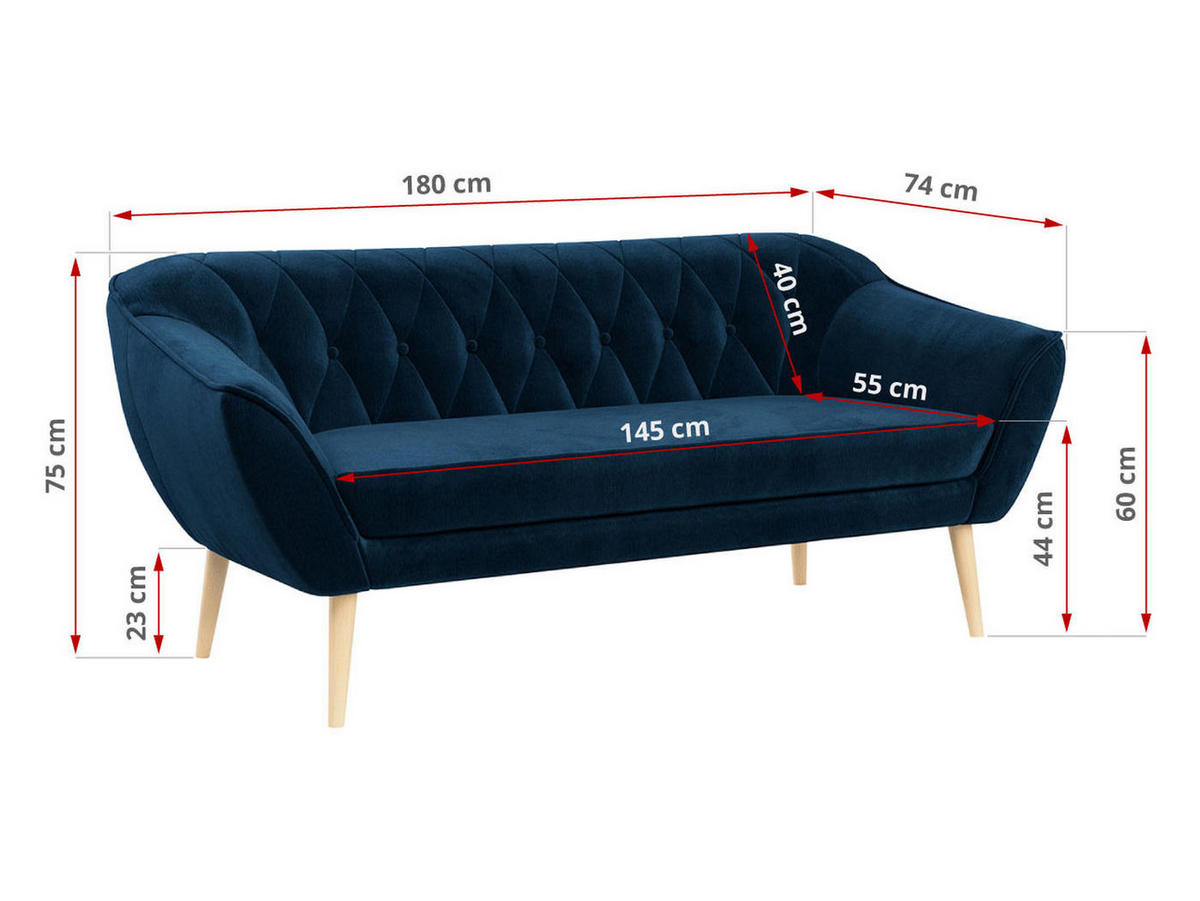 SOFA Pirs 3 Sitzer Velvet Dunkelblau - Dunkelblau/Braun, Holz/Textil (180/75/74cm) - MKS