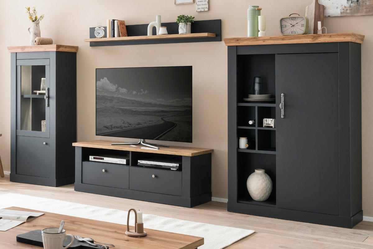 WOHNWAND 4-teilig grau, Eiche Wotan, Landhaus 349 x 170 cm, Wohnkombination mit Soft-Close - Silberfarben/Eiche Wotan, Glas/Holzwerkstoff (349/170/45cm) - Furn.Design