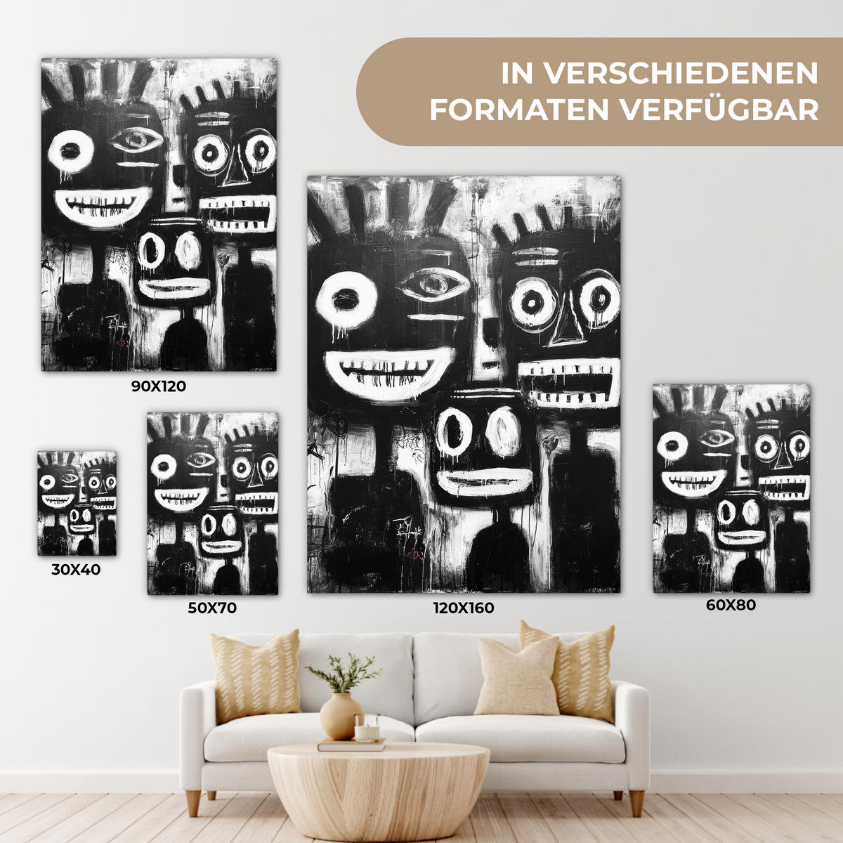 LEINWANDBILD Malerei - Figuren - Schwarz - Abstrakt Wandbild Wohnzimmer 60x80 cm - Schwarz, Textil (60/80cm) - MuchoWow
