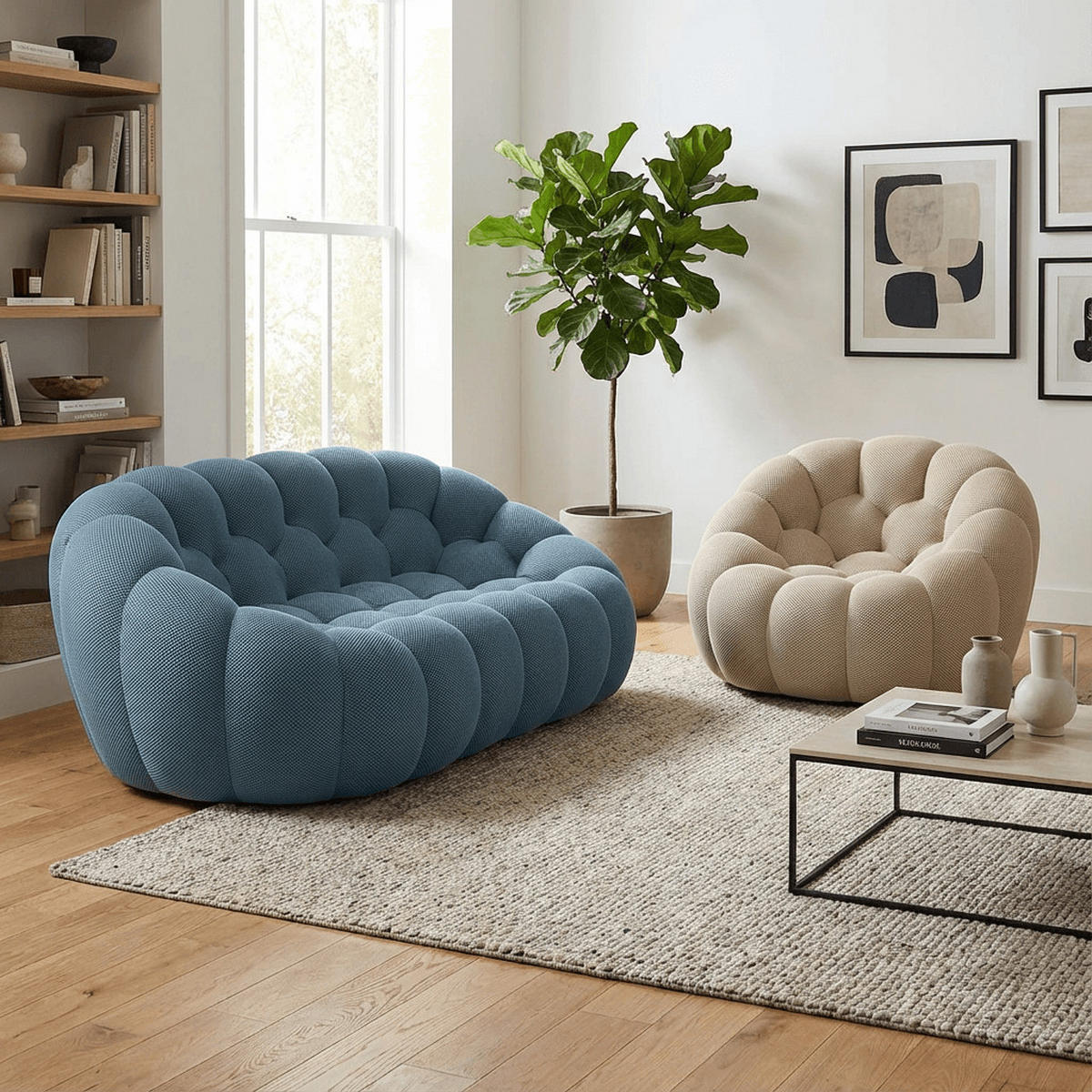 SITZGARNITUR Cocoon Sofa und Sessel Blau und Sand - Sandfarben/Blau, Textil (190/75/113cm) - COCO Living