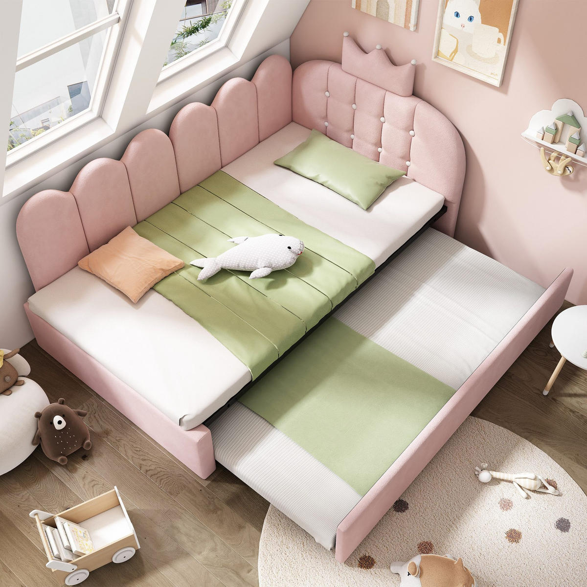 TAGESBETT 90x200cm mit Ausziehbett - Rosa, Textil (90/200cm)