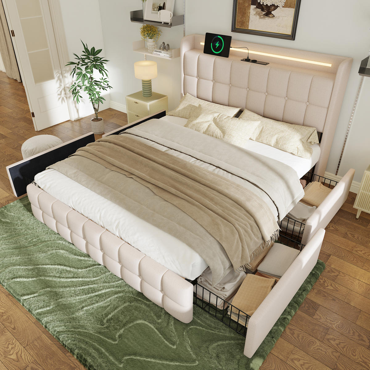 POLSTERBETT 180/200 cm Beige mit LED-Beleuchtung und 2 Schubladen, Ohne Matratze - Beige, Holz/Textil (180/200cm) - Oxeza