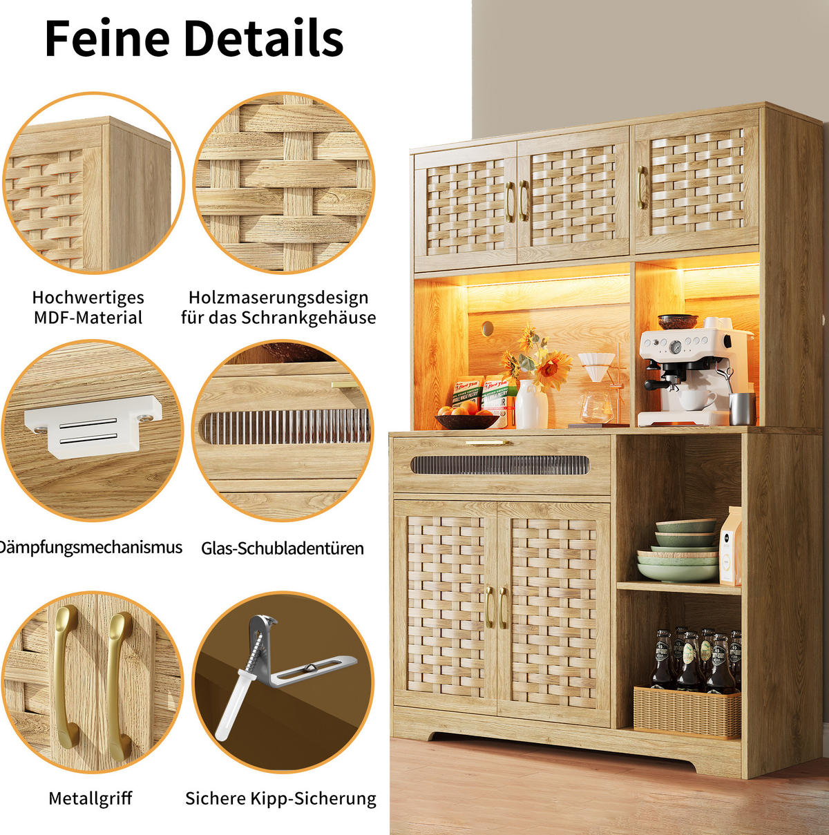 ANRICHTE Hochschrank 120/40/180 cm aus MDF Glas und Metall mit LED-Beleuchtung Natur - Naturfarben, Holzwerkstoff (120/180/40cm) - Modenvie