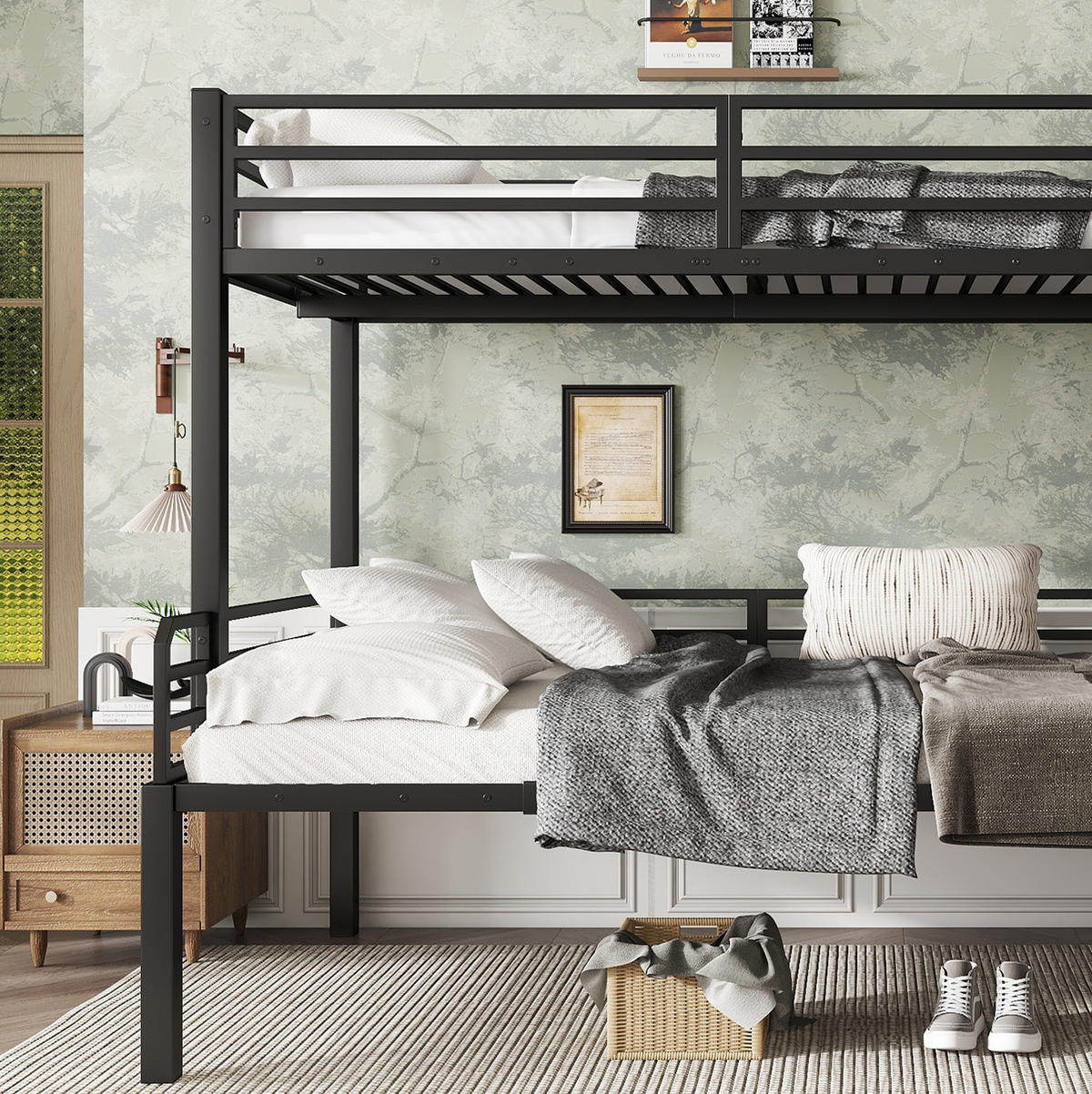 ETAGENBETT 90/120x200 cm aus Metall und MDF mit Eckleiter und Stauraum Schwarz/Vintage - Schwarz, Holzwerkstoff (90/200cm) - Modenvie