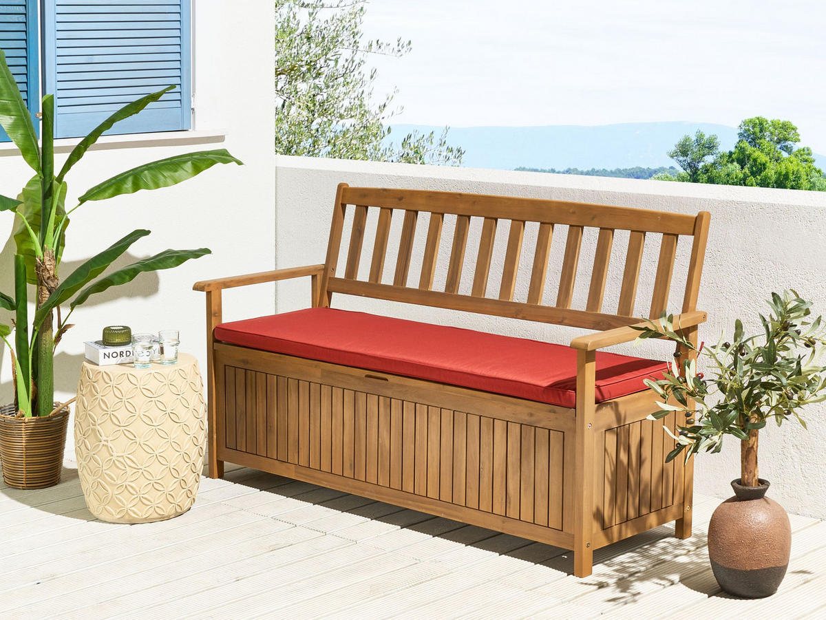 GARTENBANK 3-Sitzer Heller Holzfarbton Sovana - Hellbraun/Rot, Holz (160/91/60cm) - Beliani