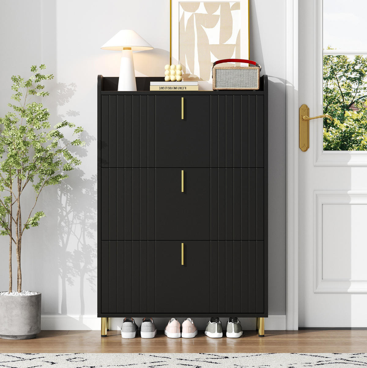 SCHUHSCHRANK 80/23/123,5 cm mit 3 Klappen, verstellbaren Einlegeböden und Ablagefläche, Schwarz - Schwarz, Holzwerkstoff (80/123.5/23.5cm) - Redom