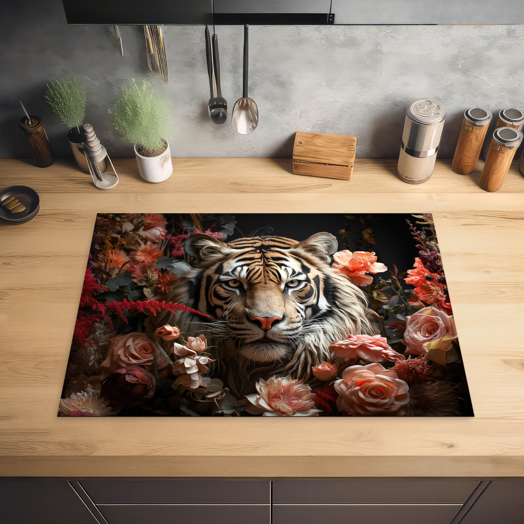 HERDABDECKPLATTE Tiger - Tier - Natur - Floral - Botanisch 75x52 cm - Orange, Kunststoff (75/0.2/52cm) - MuchoWow