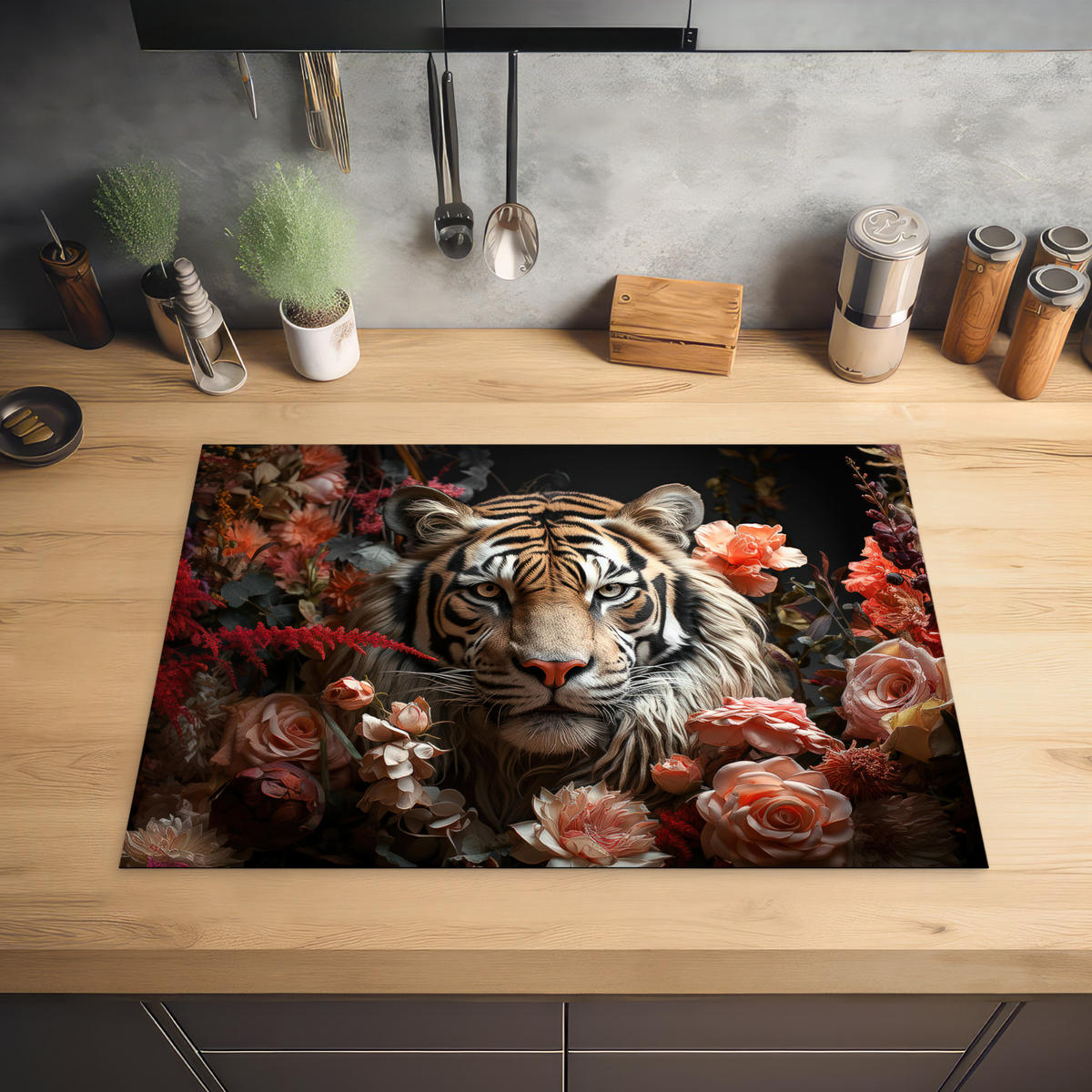 HERDABDECKPLATTE Tiger - Tier - Natur - Floral - Botanisch 75x52 cm - Orange, Kunststoff (75/0.2/52cm) - MuchoWow