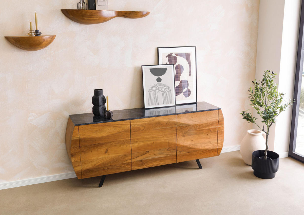 SIDEBOARD Akazie 184x40x75 natur lackiert / Marmor schwarz MONTREAL #127 - Braun, Holz (184/75/40cm) - Massivmoebel24