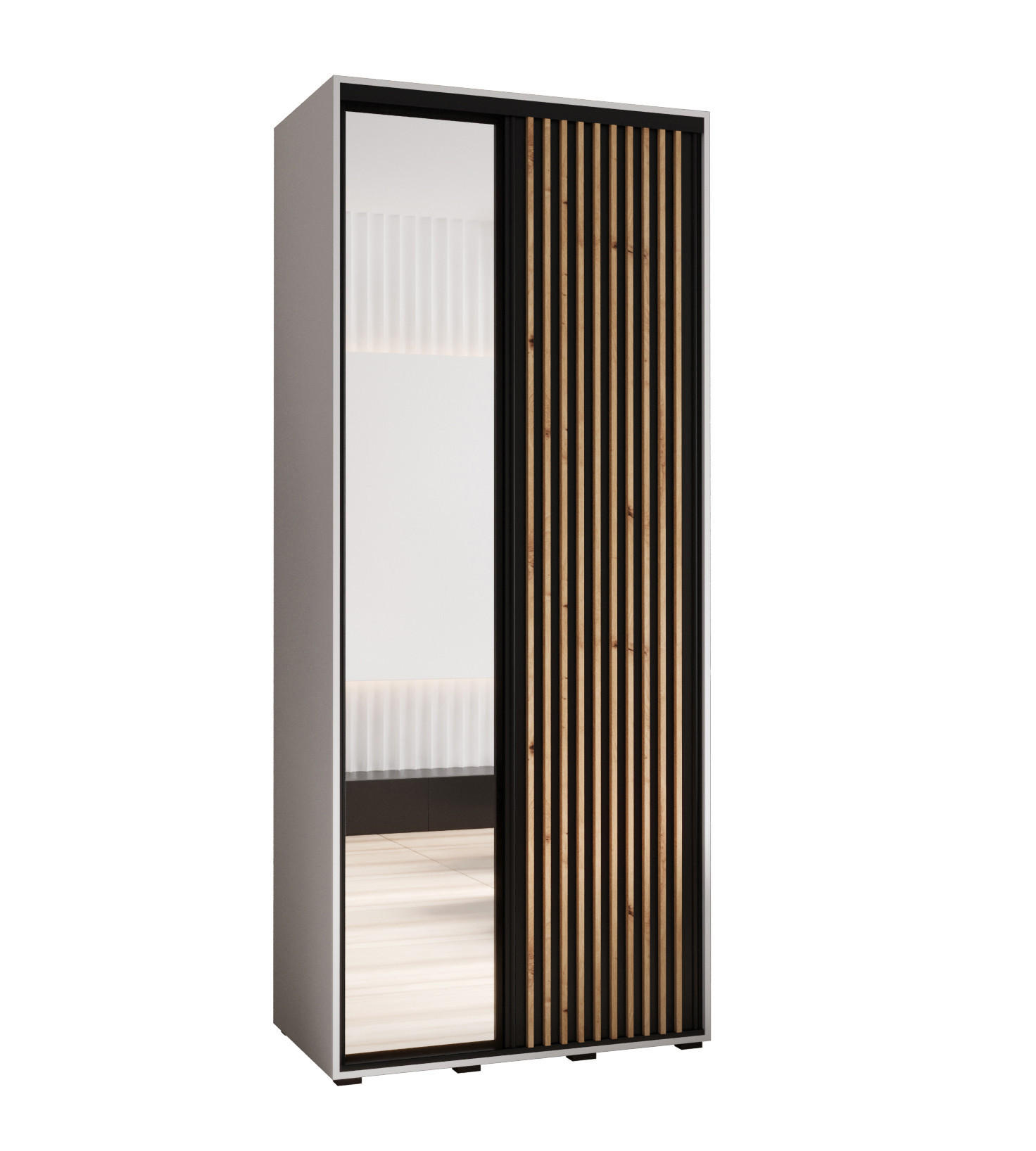 Abiks Möbel SCHWEBETÜRENSCHRANK Weiß, Schwarz, Eiche Artisan 120cm × 60cm × 235cm