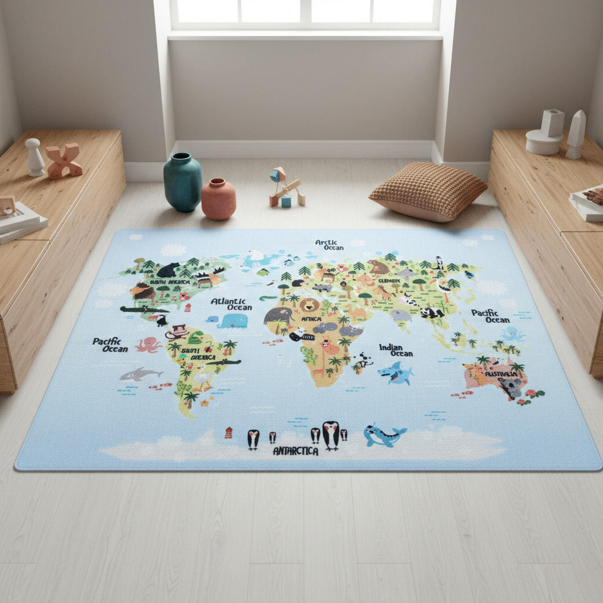 KINDERTEPPICH Weltkarte Pflegeleicht Waschbar Kinderzimmer OEKO-TEX Blau 140x200 cm Flur – TRAUN - Blau, Textil (140/200cm) - KADIMA DESIGN