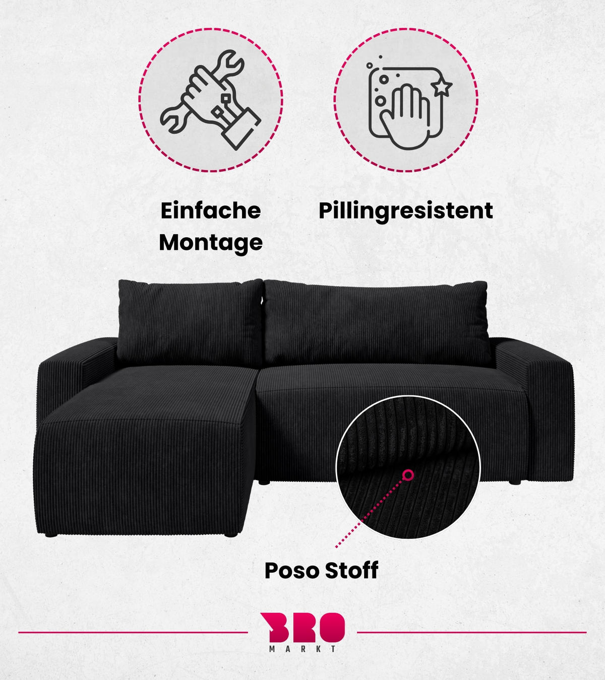 ECKSOFA PLUSH mit Schlaffunktion Schwarz Cord - Schwarz, Textil (240/145cm) - Bromarkt