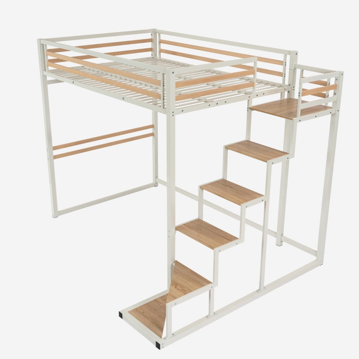 HOCHBETT mit Treppe und Arbeitsbereich – Metallbett Weiß/Eicheoptik, platzsparendes Loftbett mit Schreibtischbereich - Weiß, Metall (148/201cm) - Meubles Cosy