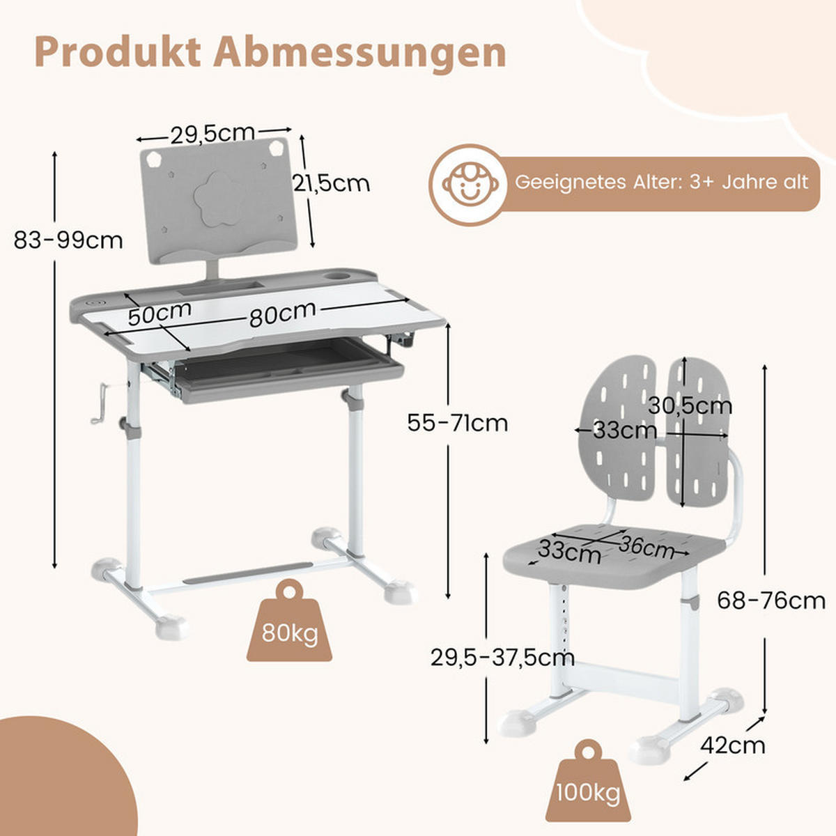 KINDERSCHREIBTISCH mit Stuhl grau(2-tlg) - Grau, Metall (80/83/50cm) - COSTWAY