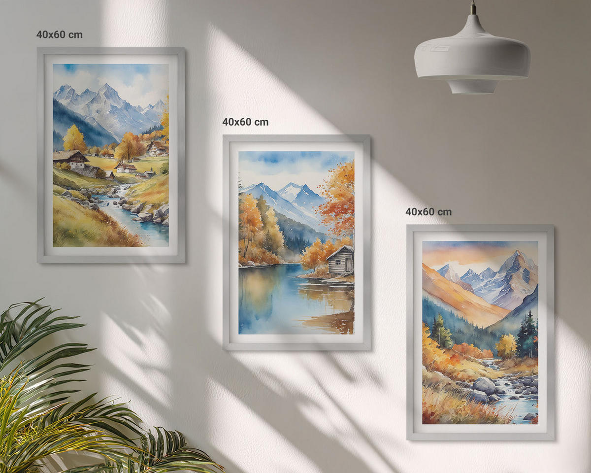 WANDBILDER 3er Set - 40x60 cm Silberner Rahmen - Herbstliche Berge, Flusshäuser - Silberfarben, Kunststoff (40/60cm) - ArtPrintCave