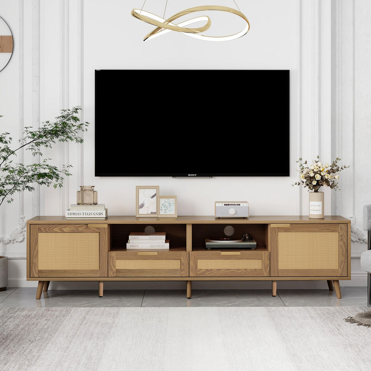 TV-MÖBEL aus Rattangeflecht Beine aus Massivholz 200/37/49cm - Eichefarben, Holz (37/49/200cm) - Urban Meuble