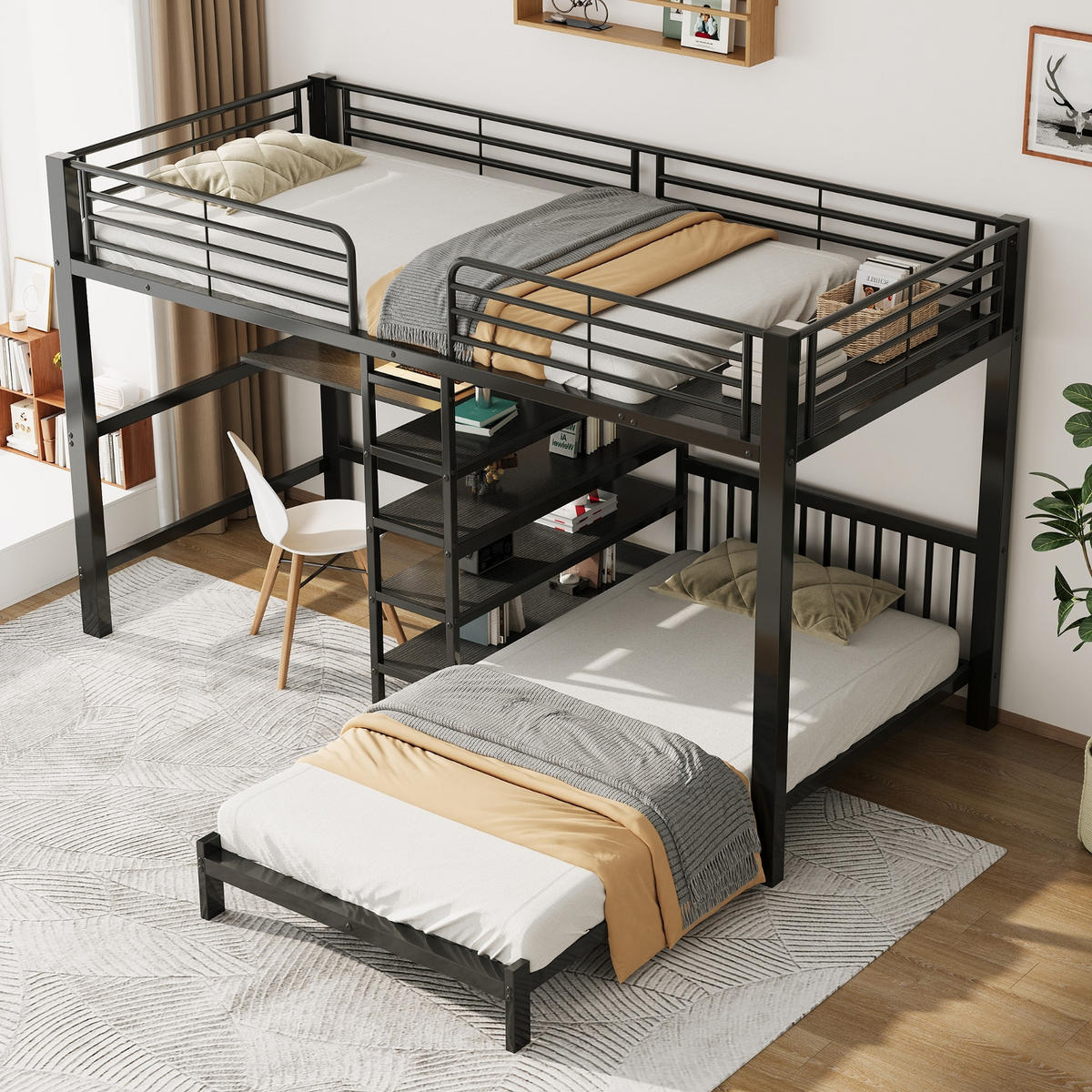 ETAGENBETT 90/200 cm Schwarz mit Schreibtisch, Kleideraufbewahrung, USB- und Type-C-Schnittstelle - Schwarz, Metall (90/200cm) - Oxeza